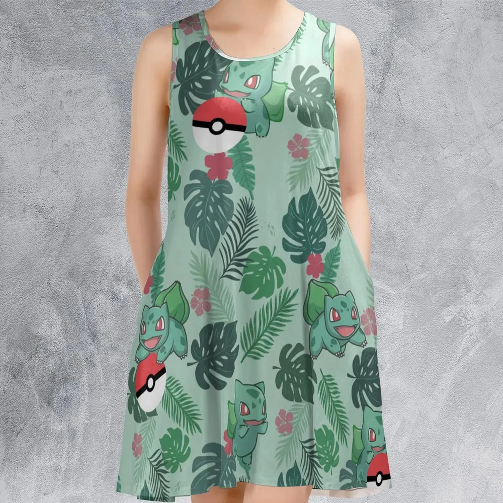 Bulbasaur Pokemon Pattern Sleeveless Dress - 2
