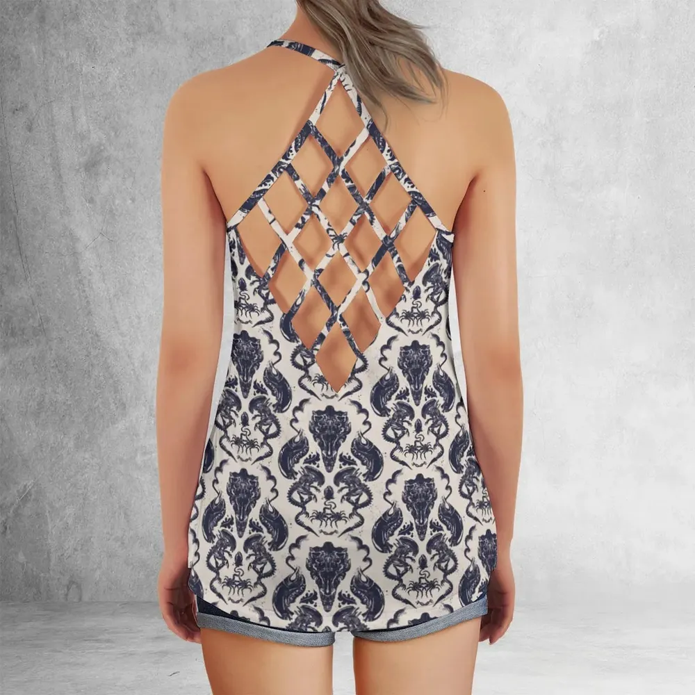 Alien Xenomorph Pattern Criss Cross Tank Top - 3