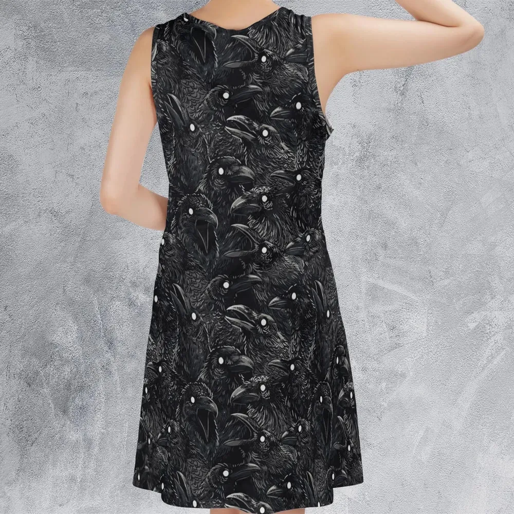Black Raven Pattern Sleeveless Dress - 3
