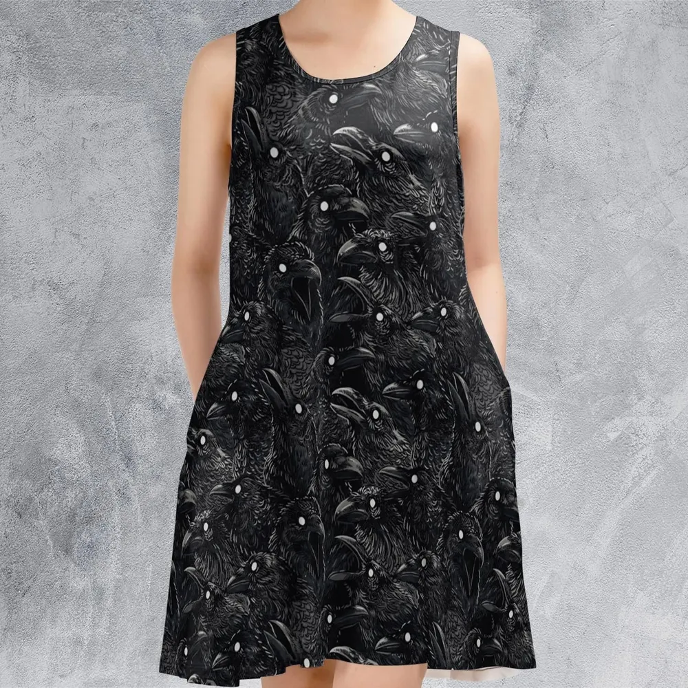 Black Raven Pattern Sleeveless Dress - 2