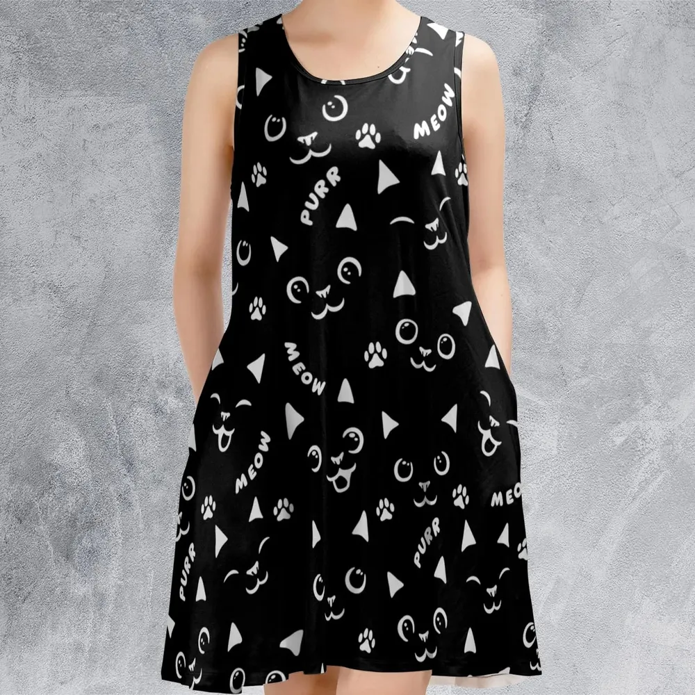 Black Cats Pattern Sleeveless Dress - 2