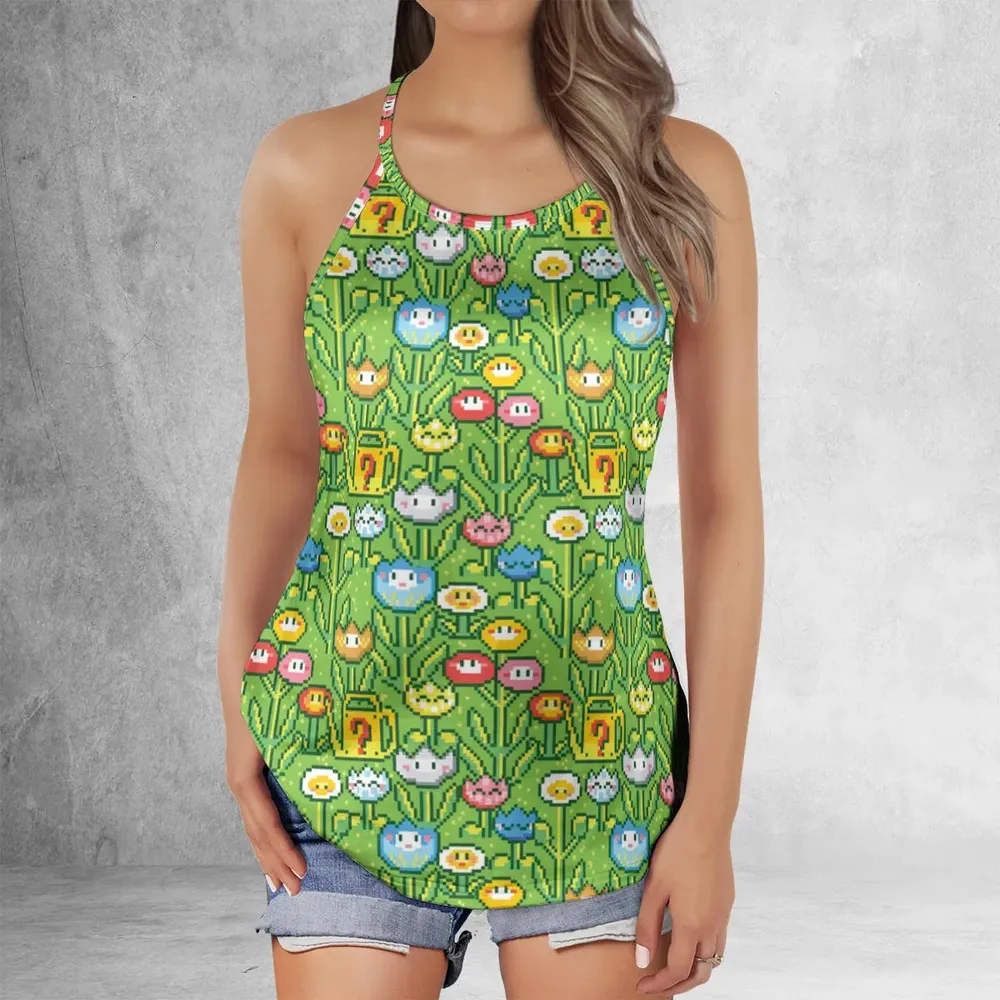 8bit Flower Garden Super Mario Pattern Criss Cross Tank Top - 2