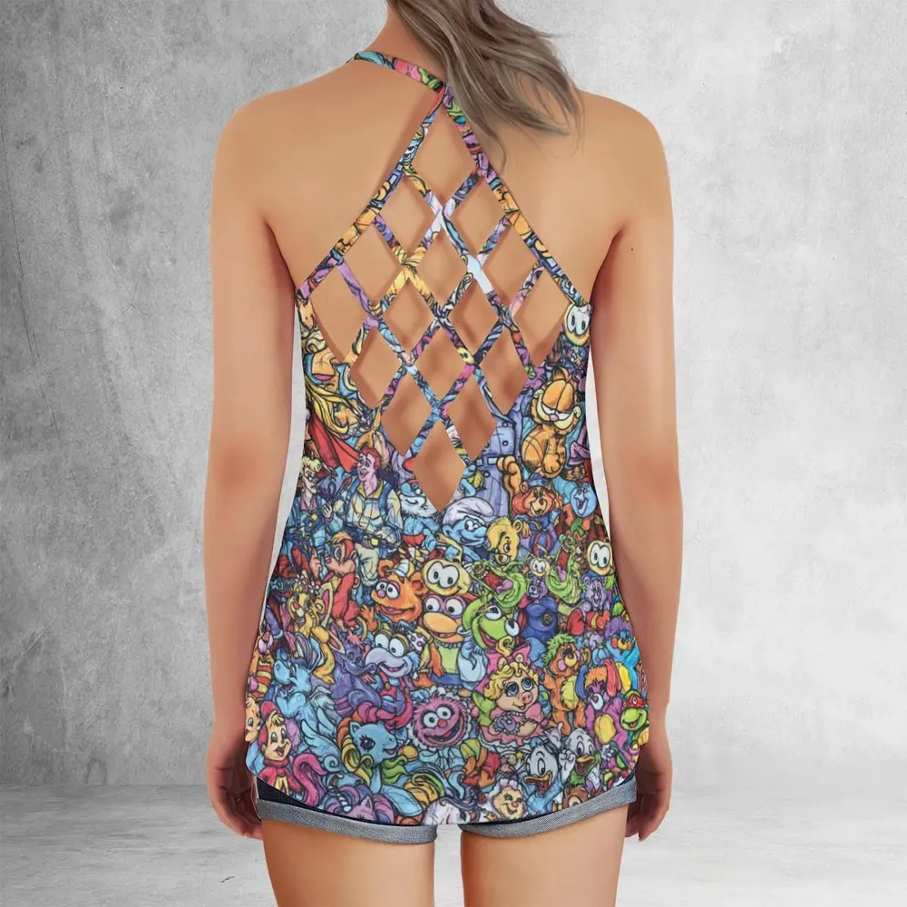 80s Throwback Cartoon Pattern Criss Cross Tank Top - 3