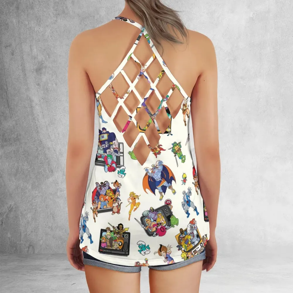 80s Famous Cartoon Characters Pattern Criss Cross Tank Top - 3