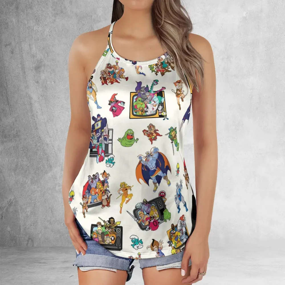 80s Famous Cartoon Characters Pattern Criss Cross Tank Top - 2