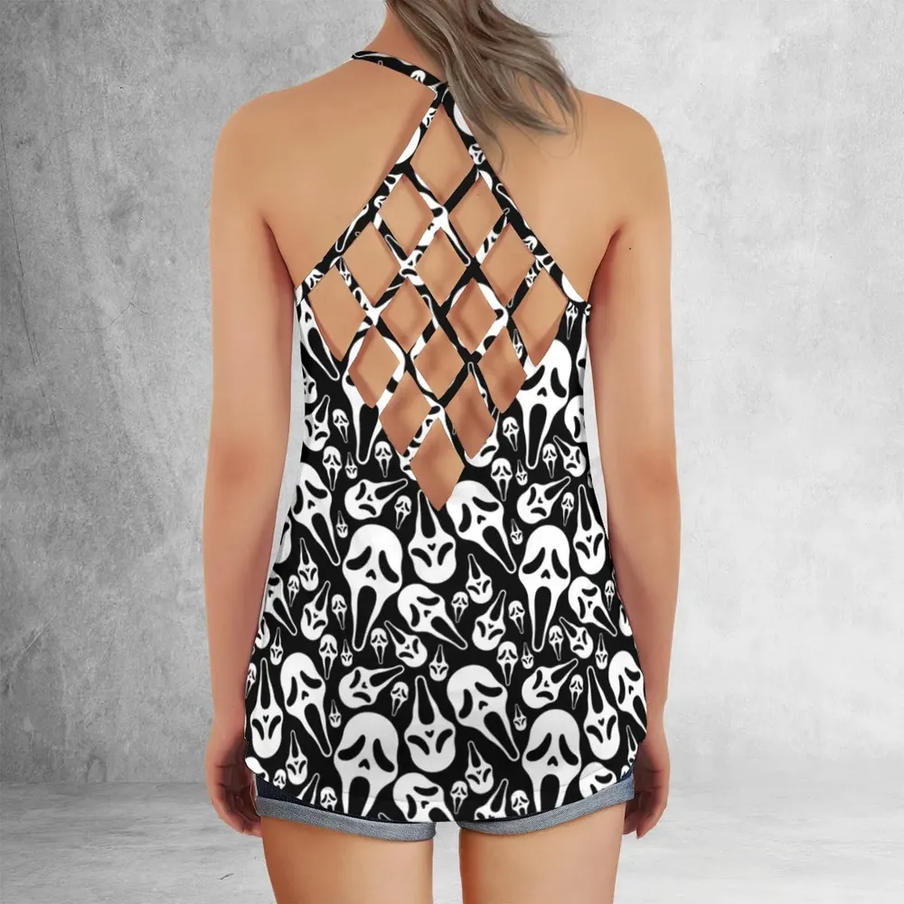 Ghostface Horror Movie Pattern Halloween Criss Cross Tank Top - 3