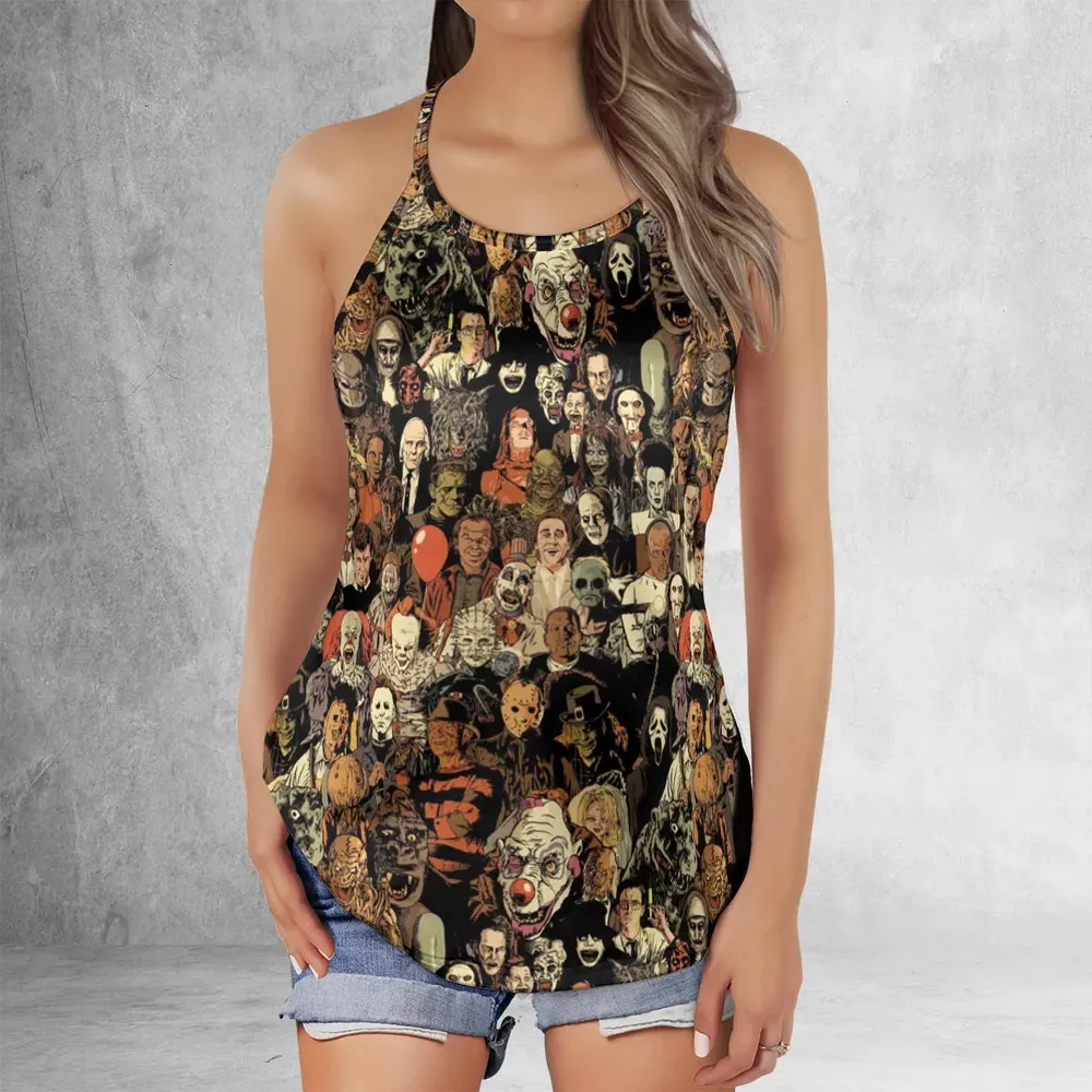 Horror Movie Characters Halloween Pattern Criss Cross Tank Top - 2
