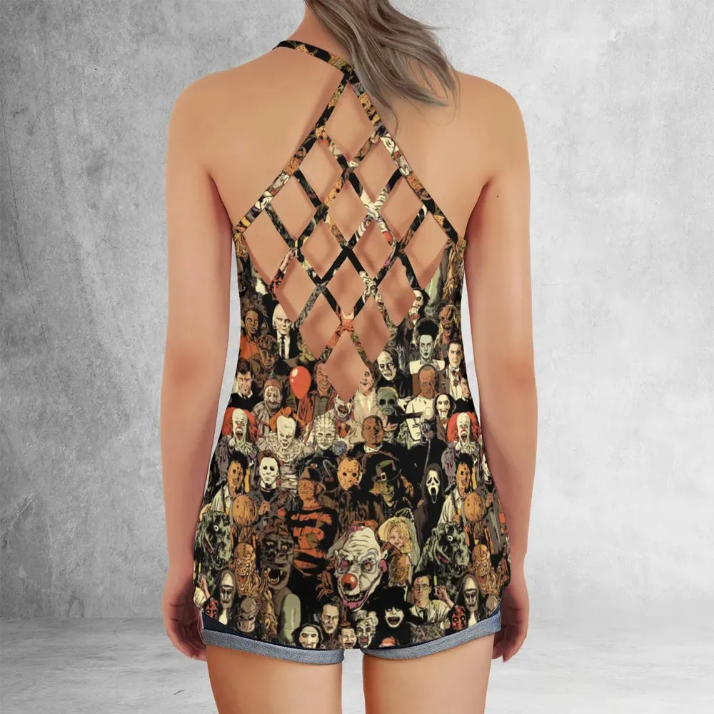 Horror Movie Characters Halloween Pattern Criss Cross Tank Top - 3