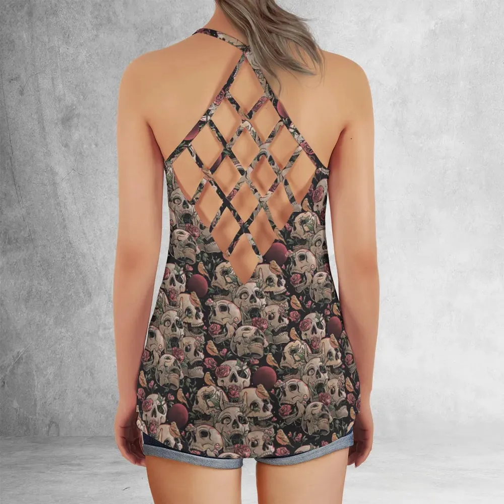 Life Grows Through Death Skull Criss Cross Tank Top - 3