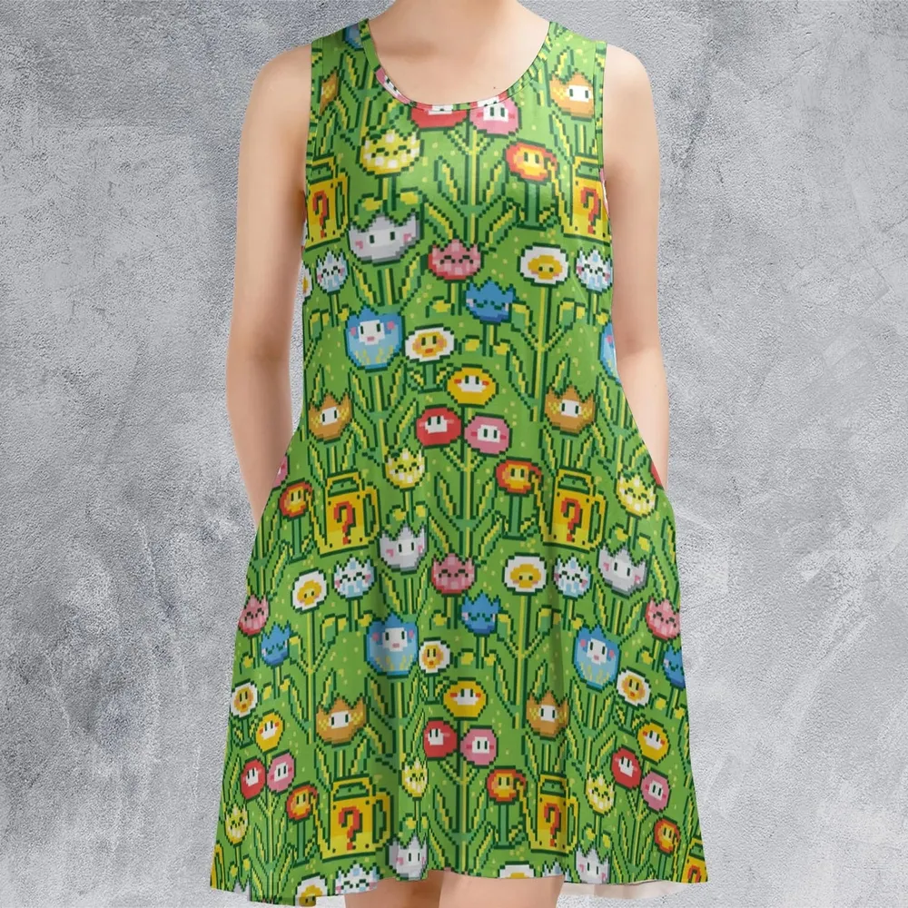8bit Flower Garden Super Mario Pattern Sleeveless Dress - 2