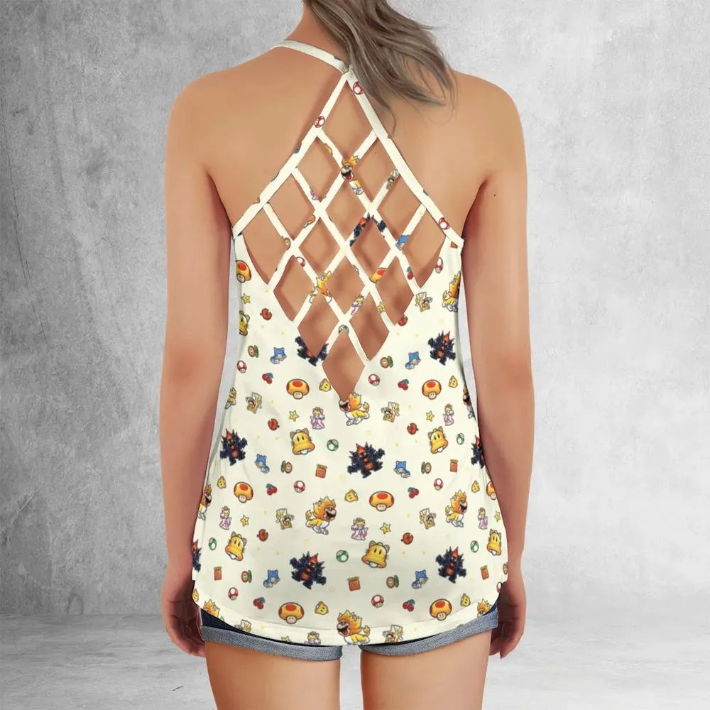 Super Mario Characters Pattern Criss Cross Tank Top - 3