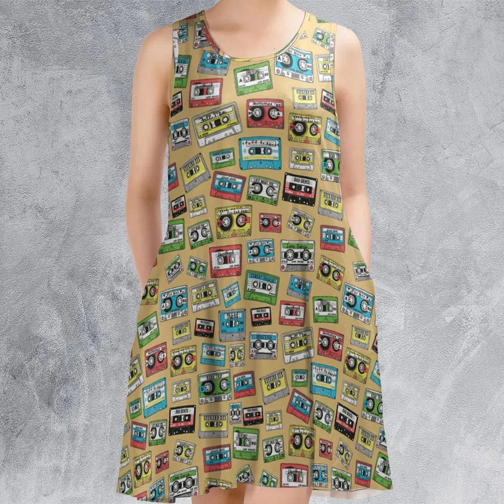80s Playlist Pattern Sleeveless Dress - 2