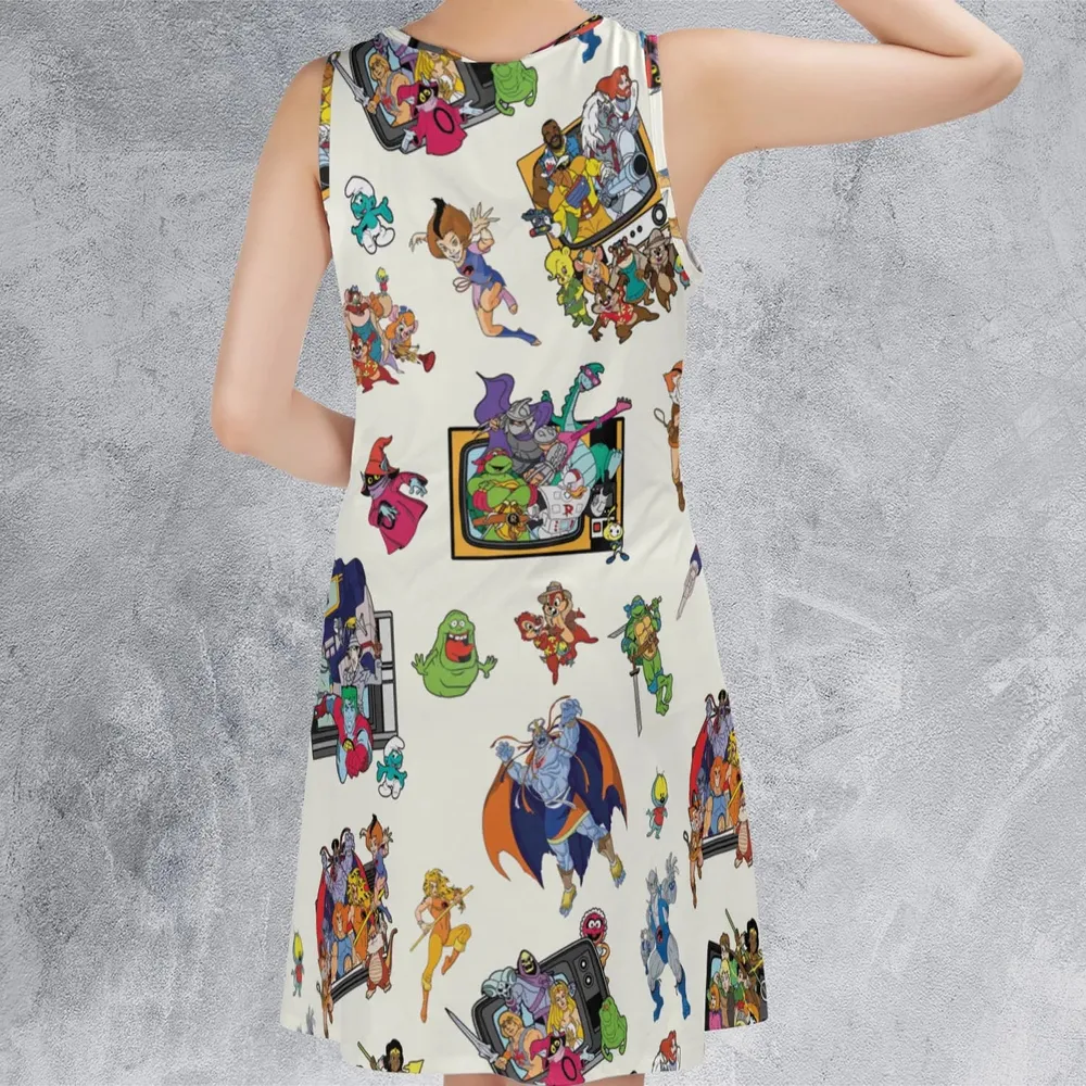 80s Famous Cartoon Characters Pattern Sleeveless Dress - 3