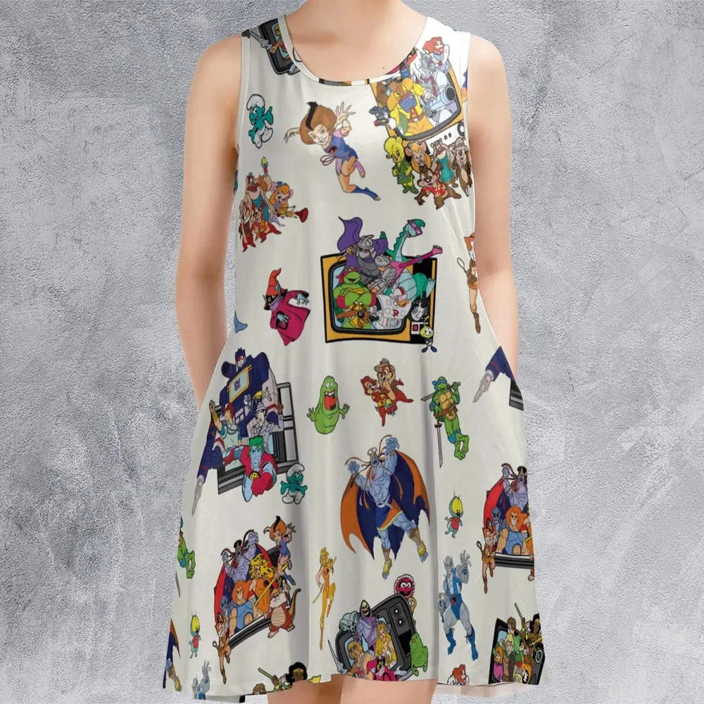 80s Famous Cartoon Characters Pattern Sleeveless Dress - 2