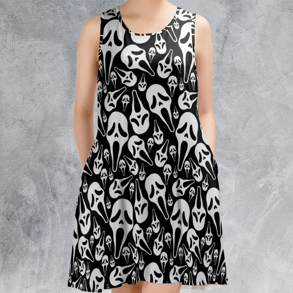 Ghostface Horror Movie Pattern Halloween Sleeveless Dress - 2