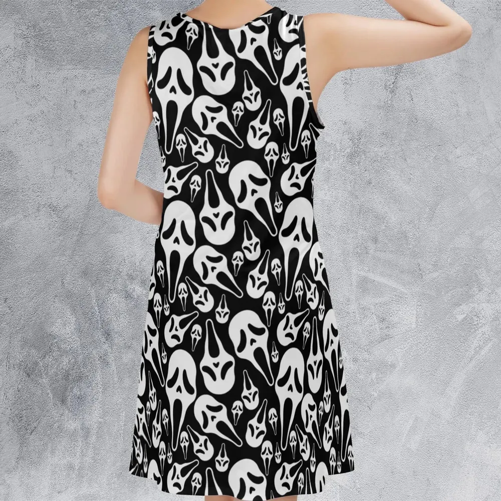 Ghostface Horror Movie Pattern Halloween Sleeveless Dress - 3