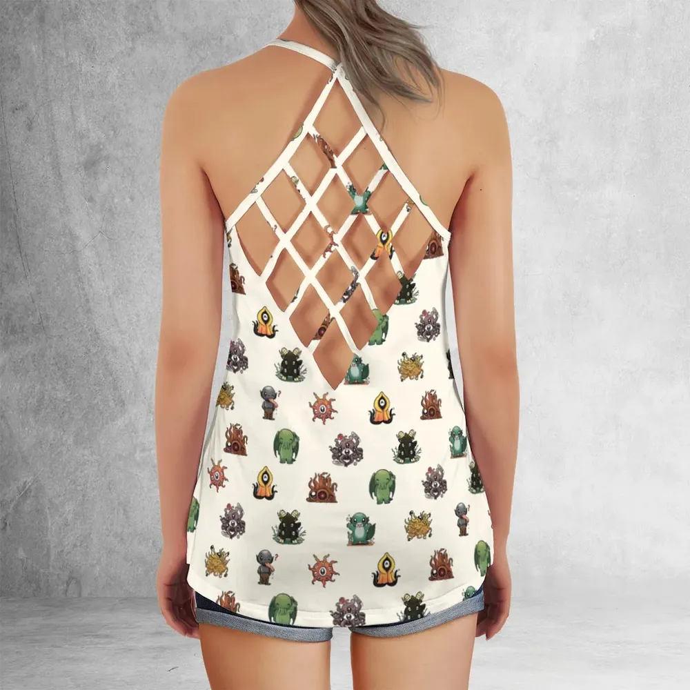 Lovecraft Demons Cute H.P. Lovecraft Monsters Pattern Criss Cross Tank Top - 3