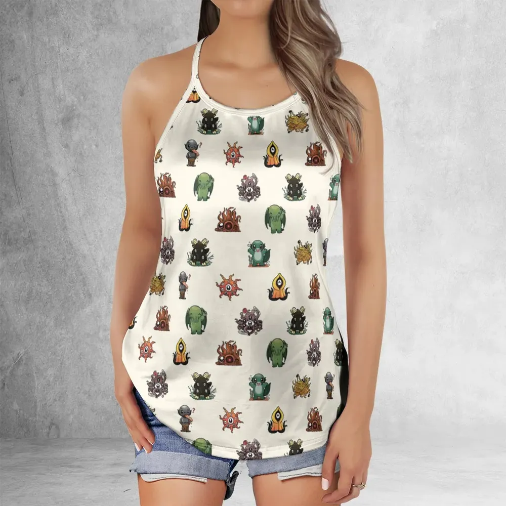 Lovecraft Demons Cute H.P. Lovecraft Monsters Pattern Criss Cross Tank Top - 2