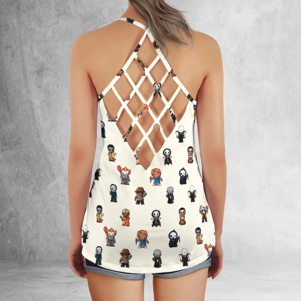 Horror Movies Characters Pattern Criss Cross Tank Top - 3