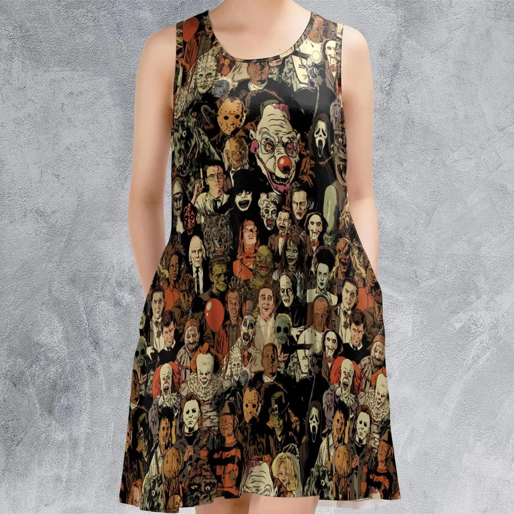 Horror Movie Characters Halloween Pattern Sleeveless Dress - 2