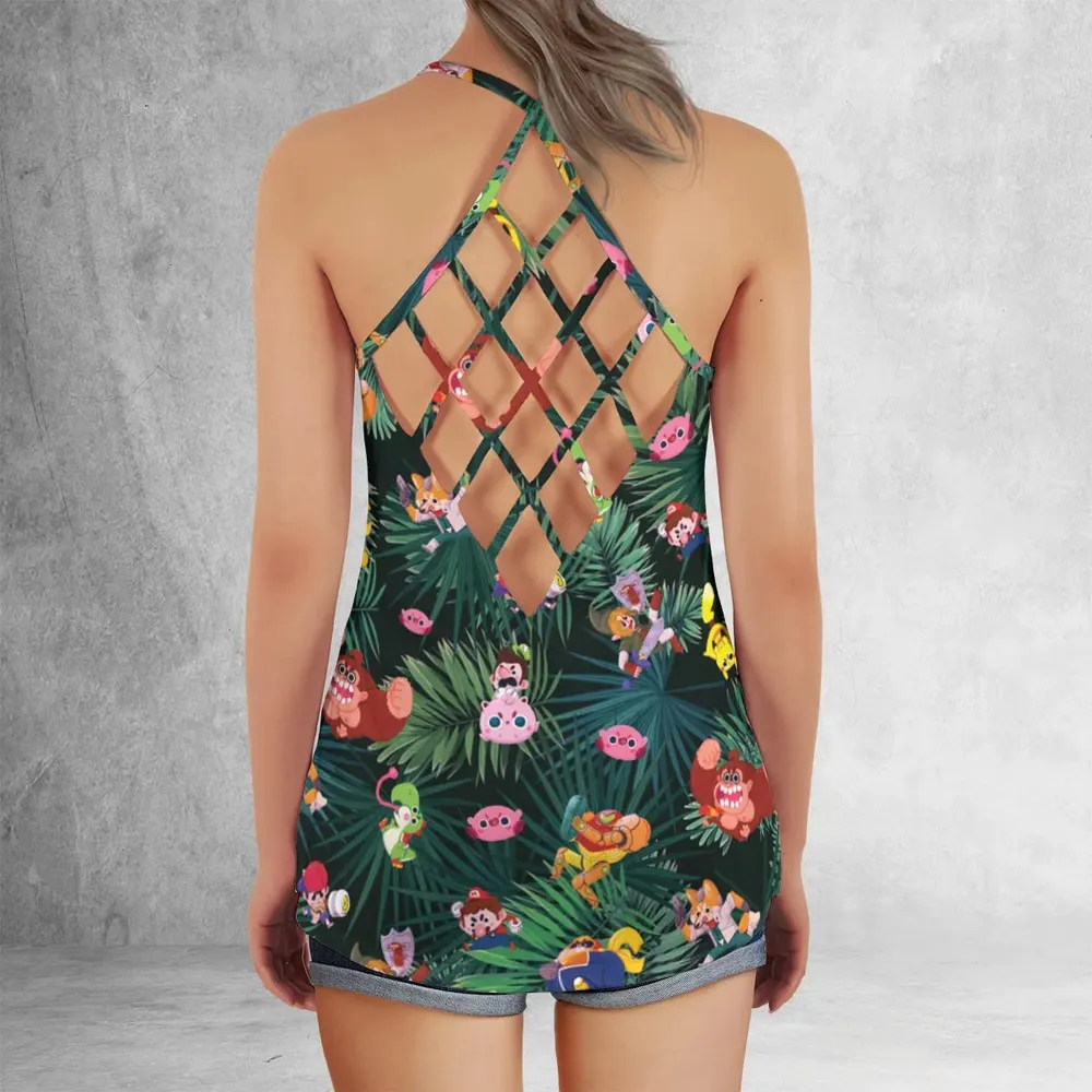 Video Game Characters Pattern Criss Cross Tank Top - 3
