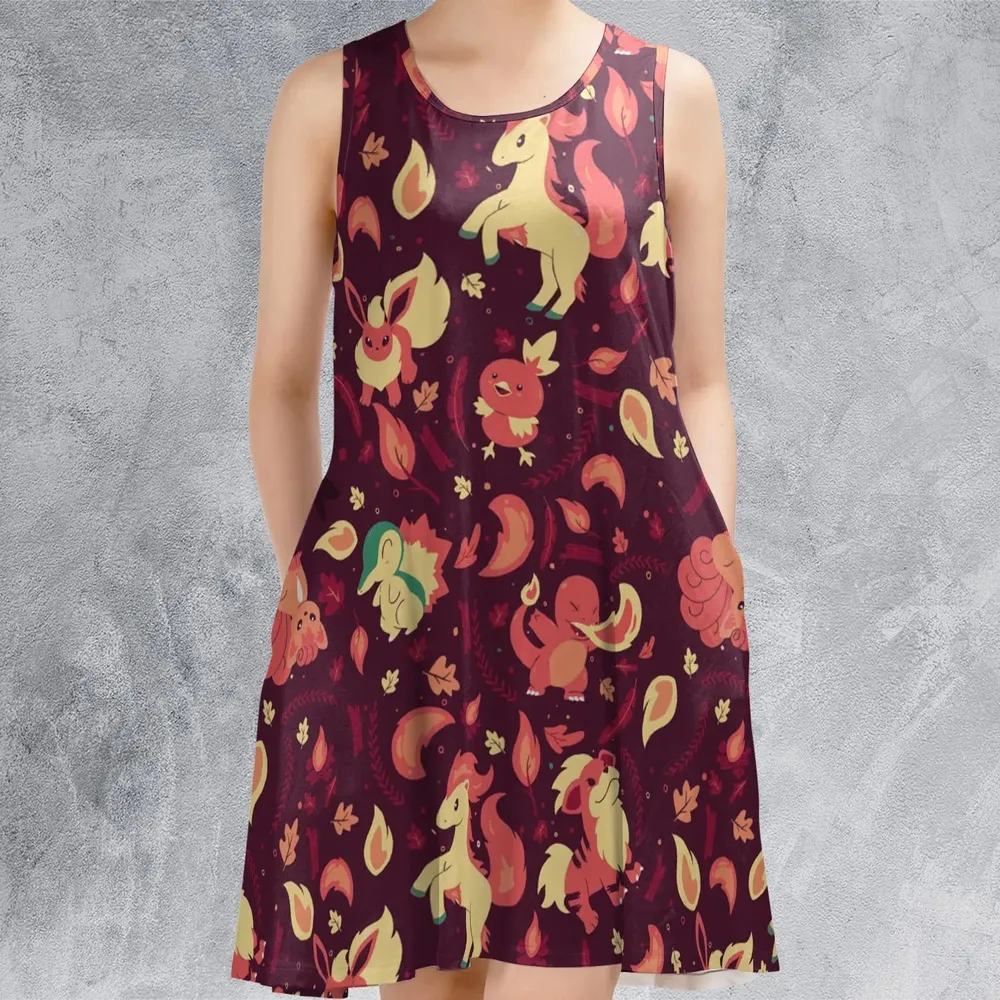 Fire Pokemon Pattern Sleeveless Dress - 2