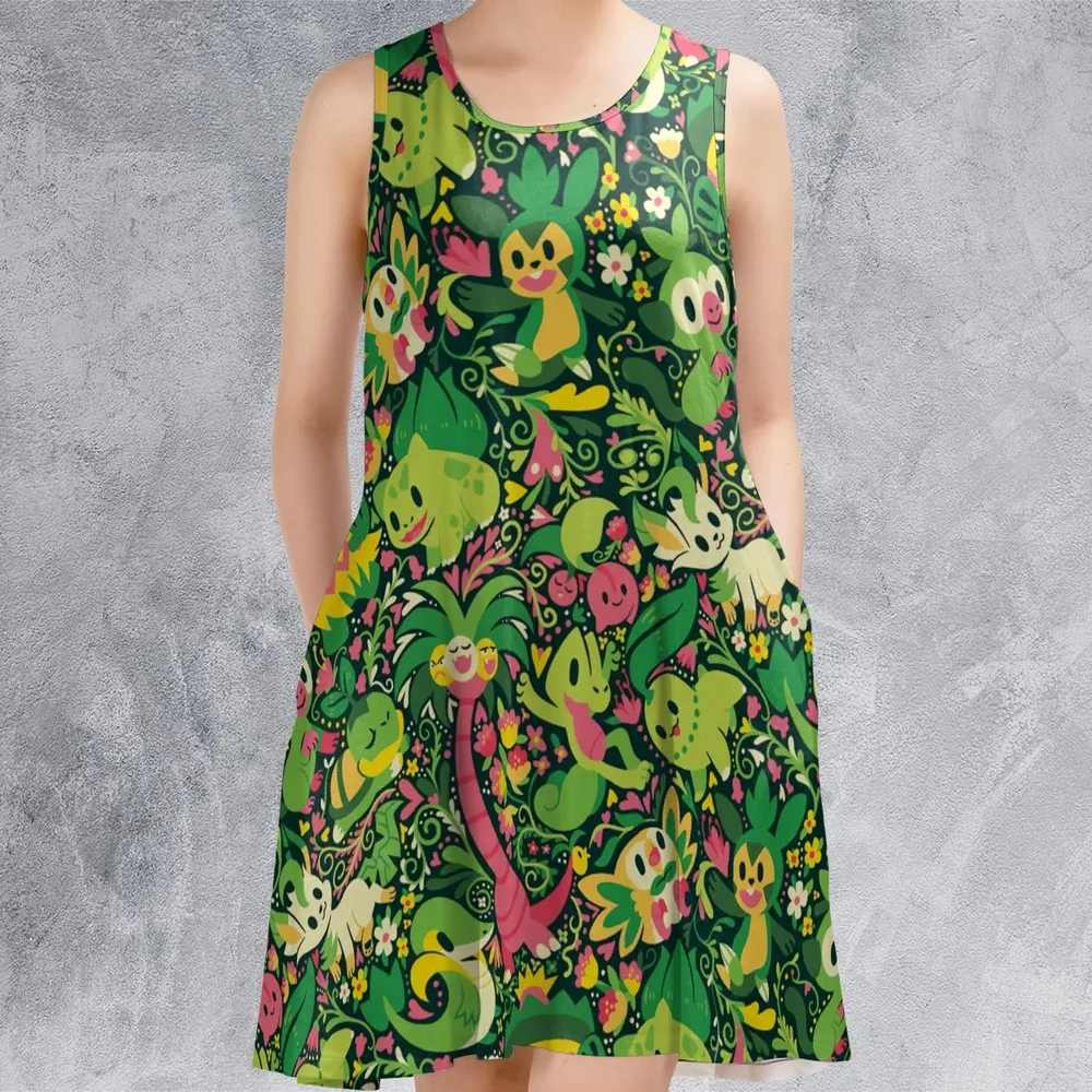 Grass Type Pokemon Pattern Sleeveless Dress - 2