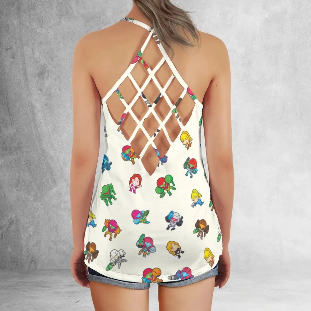 The Many Suits Of Samus Metroid Pattern Criss Cross Tank Top - 3