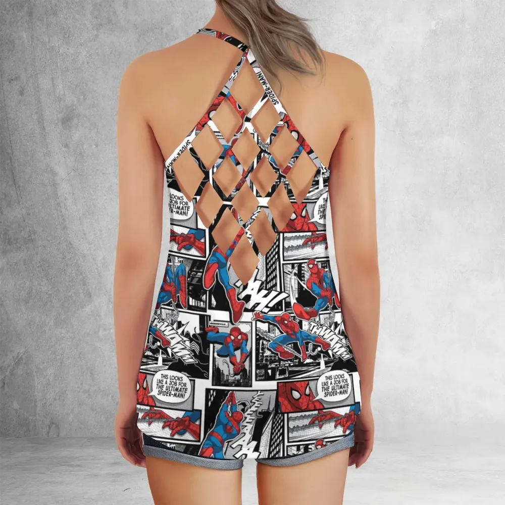 Spider Man Comic Pattern Criss Cross Tank Top - 3
