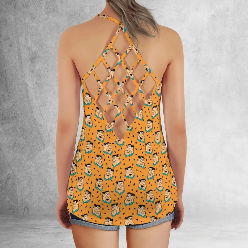 Fred Flintstone Expressions Pattern Criss Cross Tank Top - 3