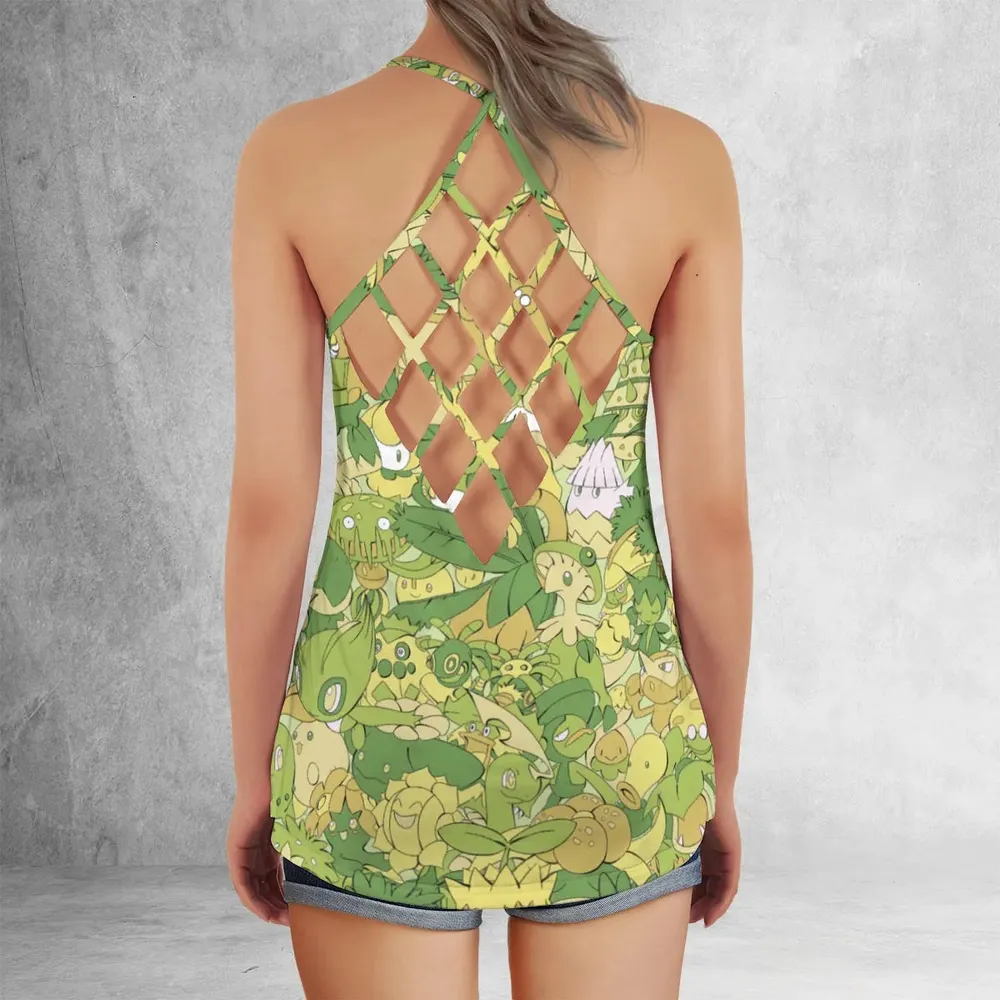 Grass Pokemon Pattern Criss Cross Tank Top - 3