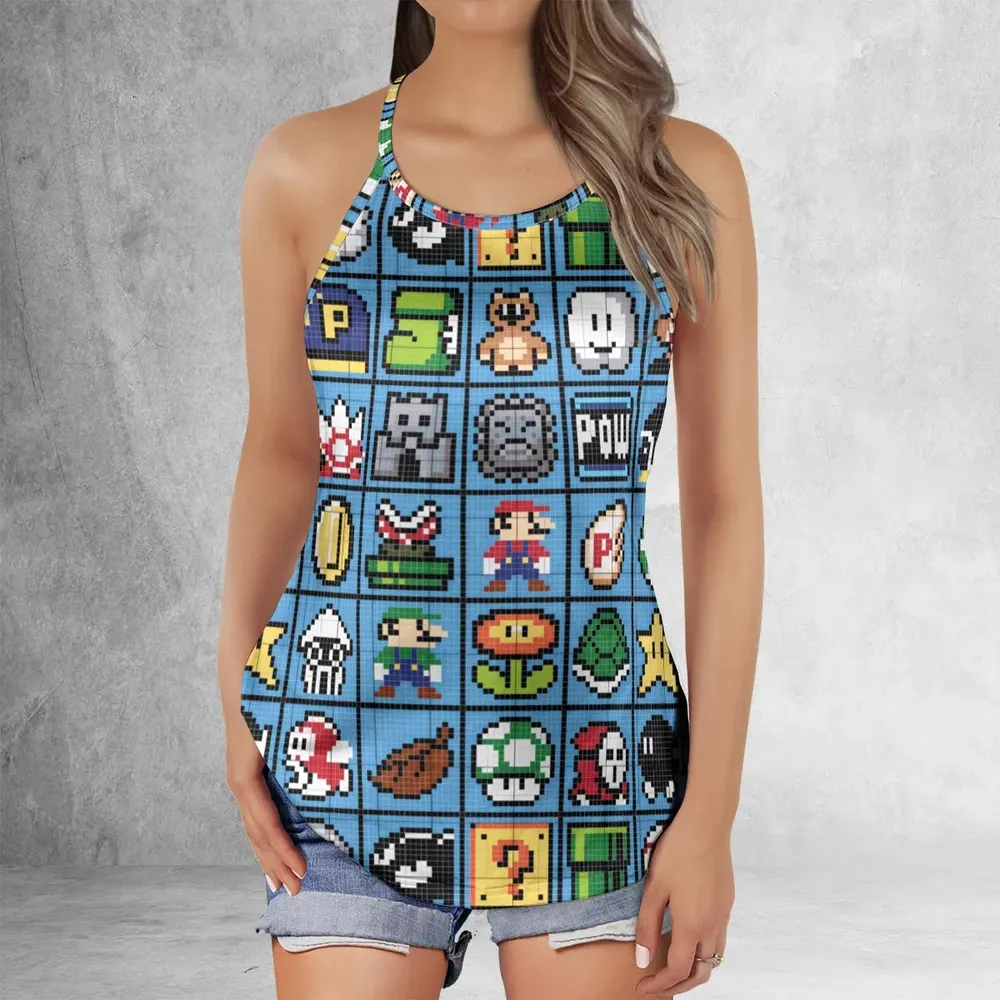 Mario Pixel Super Mario Pattern Criss Cross Tank Top - 2