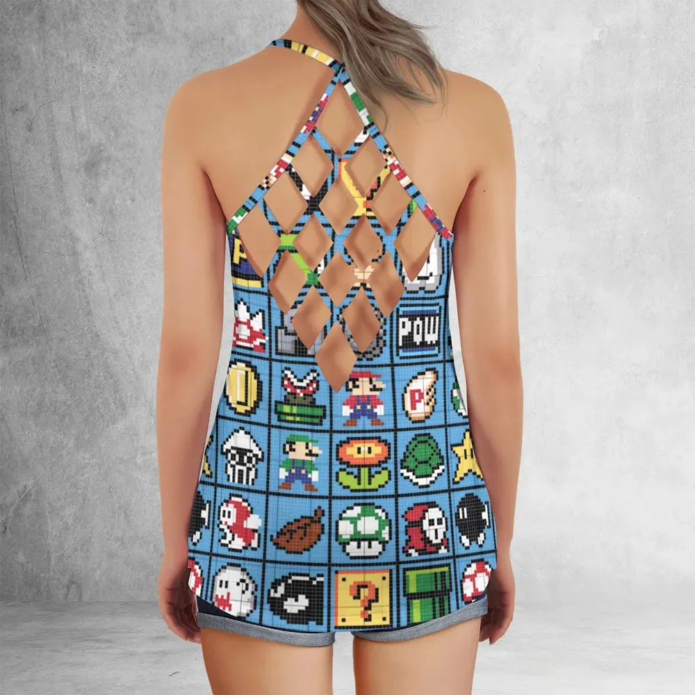 Mario Pixel Super Mario Pattern Criss Cross Tank Top - 3