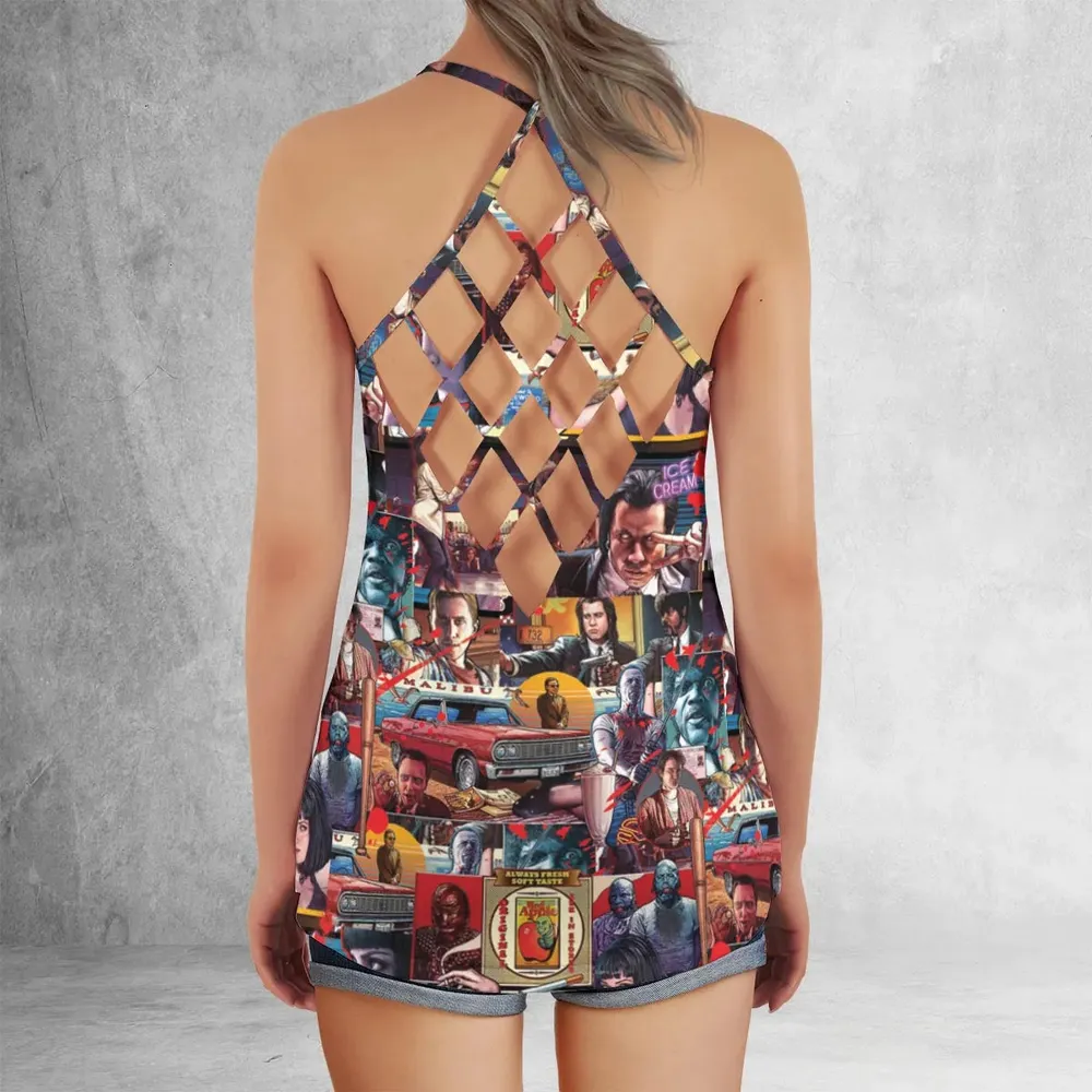 Retro Scenes Mia Wallace Vincent Vega Jules Winnfields Pulp Fiction Criss Cross Tank Top - 3