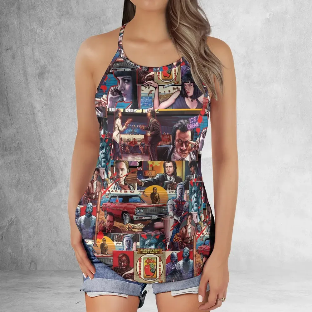 Retro Scenes Mia Wallace Vincent Vega Jules Winnfields Pulp Fiction Criss Cross Tank Top - 2