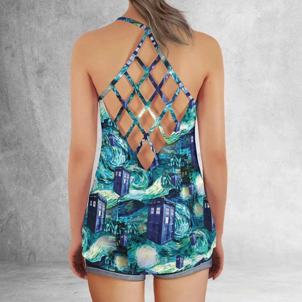 Tardis Starry Night Doctor Who Criss Cross Tank Top - 3