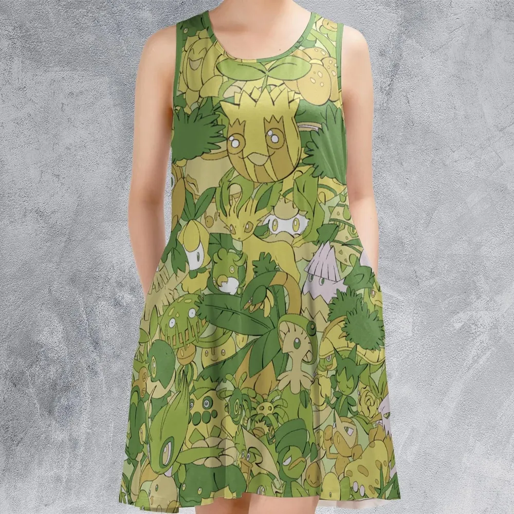 Grass Pokemon Pattern Sleeveless Dress - 2