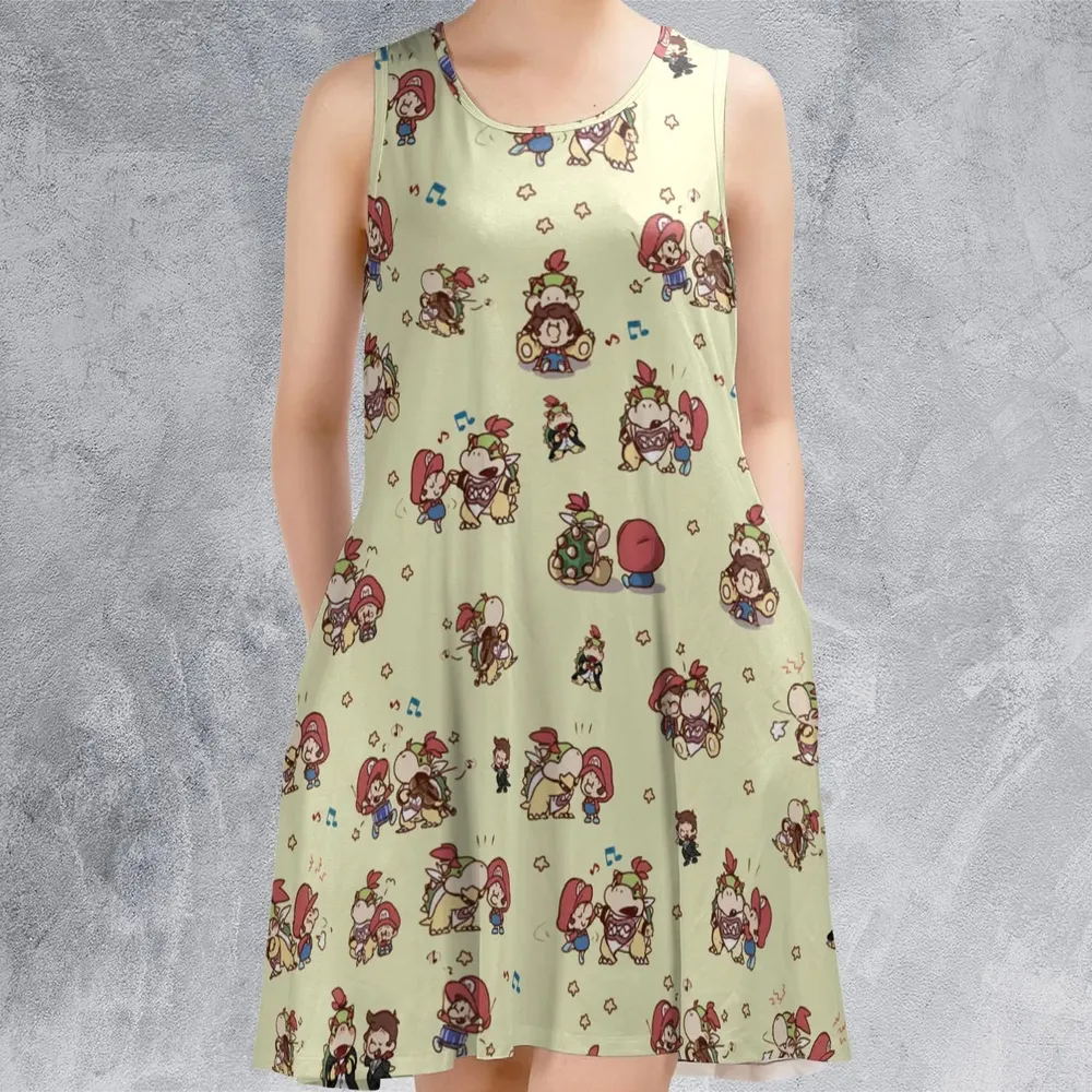 So Cute Bowser and Mario Pattern Sleeveless Dress - 2