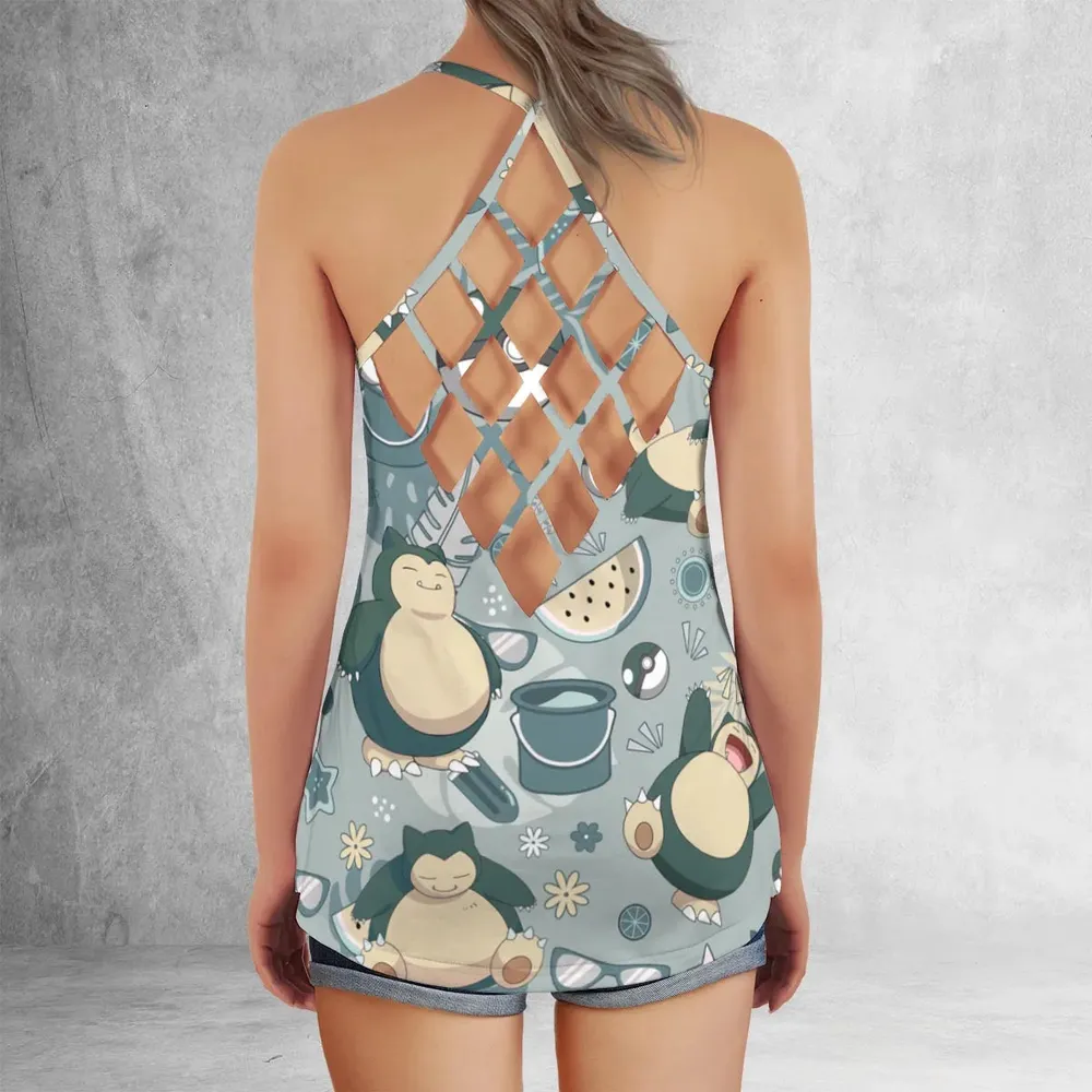 Summer Relax Snorlax Pokemon Criss Cross Tank Top - 3