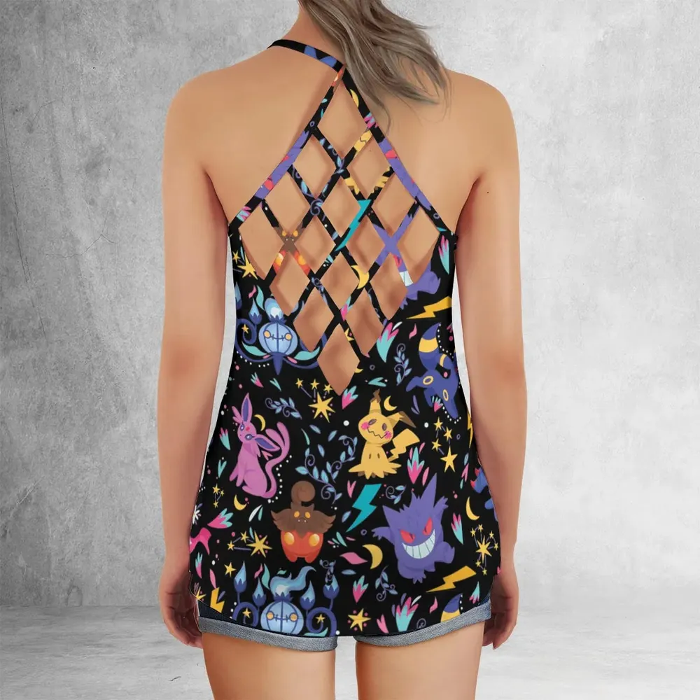 Ghost Buddies Cottagecore Pokemon Patterns Criss Cross Tank Top - 3
