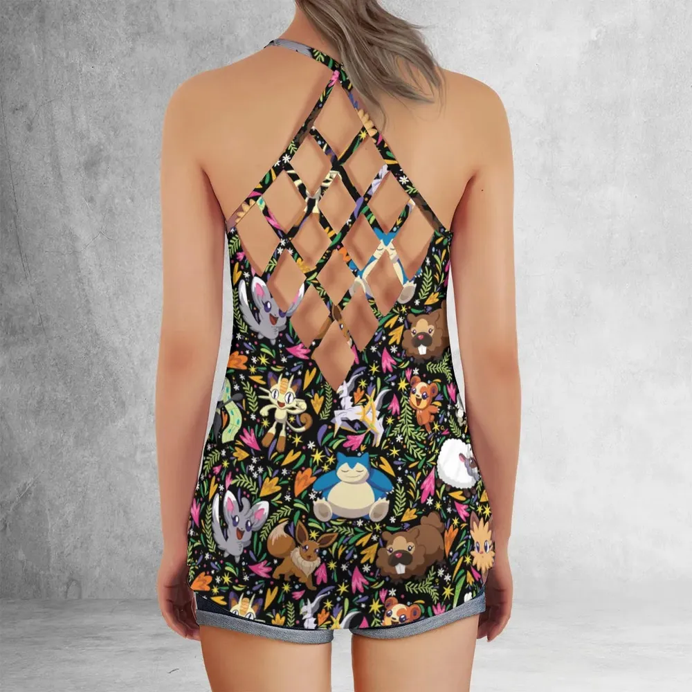 Floral Snorlax Bidoof Eevee Meloetta Pokemon Criss Cross Tank Top - 3
