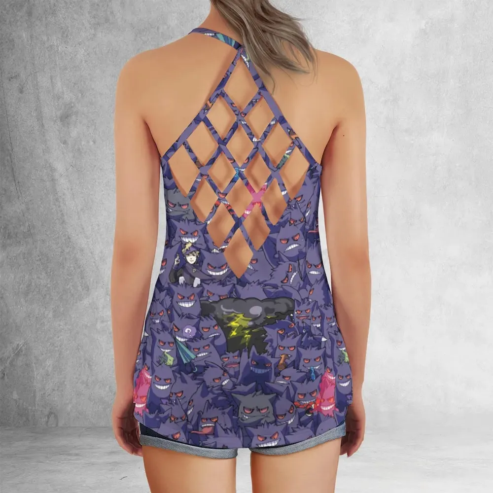 Gengars Pokemon Pattern Criss Cross Tank Top - 3
