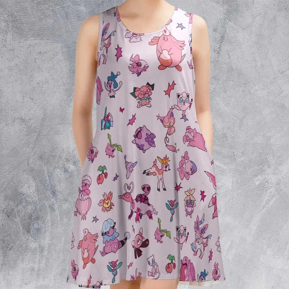 Team Pink Pokemon Pattern Sleeveless Dress - 2