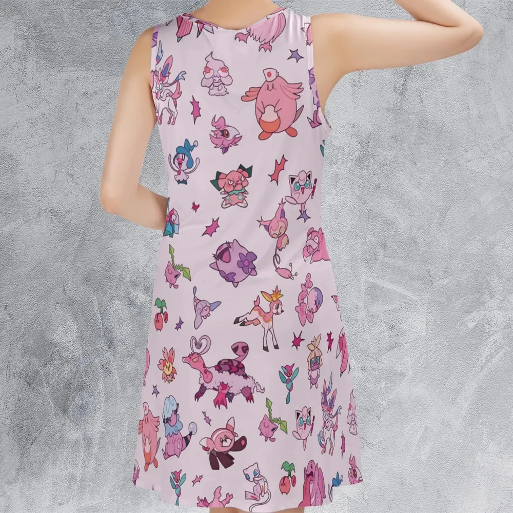 Team Pink Pokemon Pattern Sleeveless Dress - 3