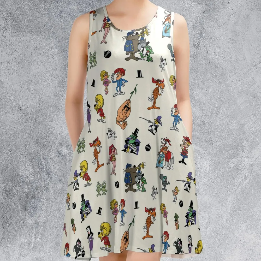 The Adventures of Rocky and Bullwinkle and Friends Characters Pattern Sleeveless Dress - 2