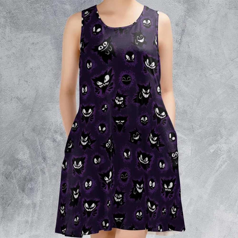 Gastly Haunter and Gengar Pokemon Pattern Sleeveless Dress - 2