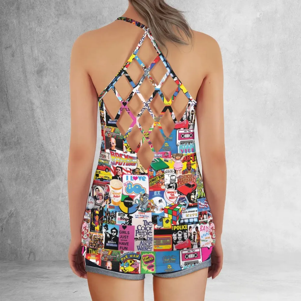 I heart 80s Collage Mr. T Back To the Future Pac-man Criss Cross Tank Top - 3