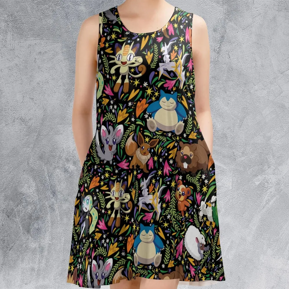 Floral Snorlax Bidoof Eevee Meloetta Pokemon Sleeveless Dress - 2
