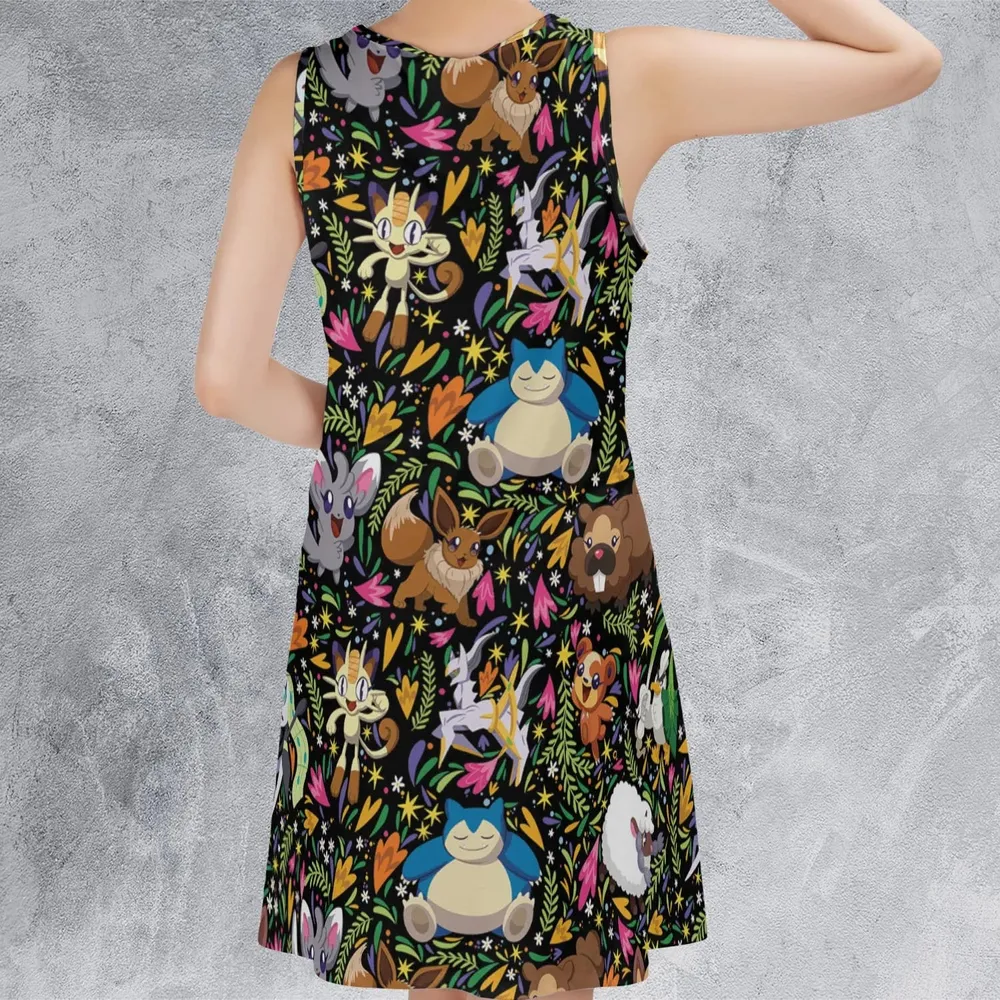 Floral Snorlax Bidoof Eevee Meloetta Pokemon Sleeveless Dress - 3