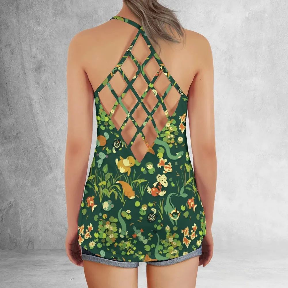 Floating In A Pond Magikarp Psyduck Vaporeon Water Pokemon Criss Cross Tank Top - 3